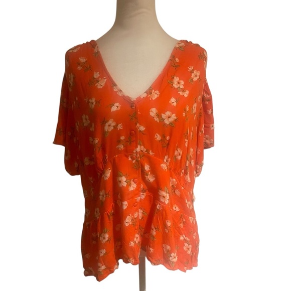 Old Navy Women’s 2X Blouse Orange Floral V-Neck Short Sleeve Top Plus Size NWT - Picture 1 of 7